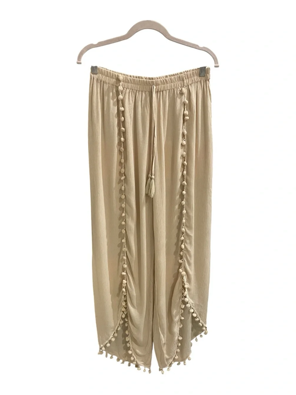 Salty Lemon NWT Oyster Boho Resort Wide Leg Pom Trim Pants Size L - Picture 2 of 6